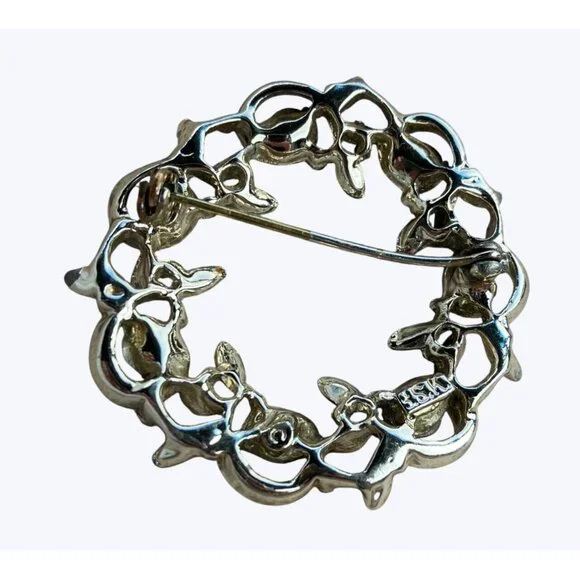 Vintage BSK Round Silver-Toned Brooch With Green Blue Rhinestones - Picture 5 of 13